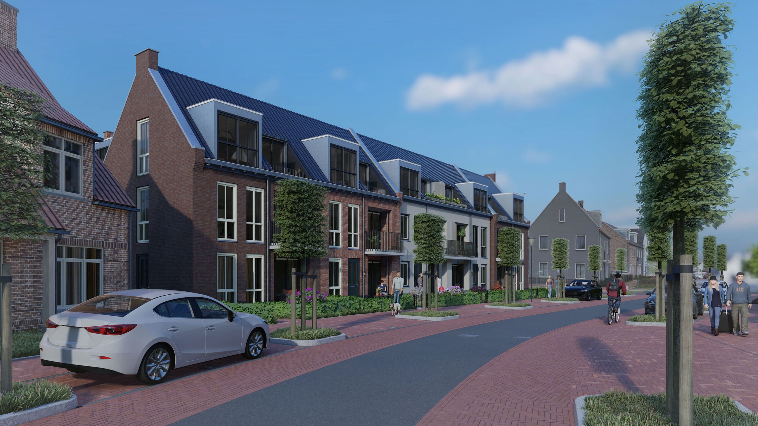 Huurwoningen met witte auto en mensen