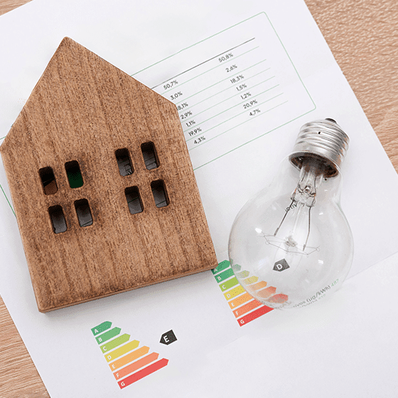 Energielabel op papier ligt op tafel met daarbovenop een houten speelgoedhuis en peertje.